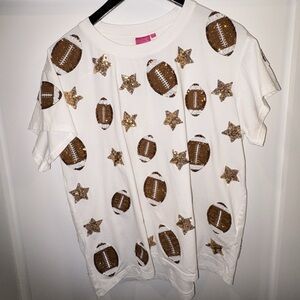 QUEEN OF SPARKLES White Short Sleeve Tee with Gold Sequin Footballs & Stars